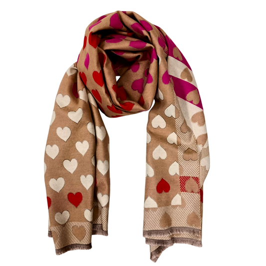 Sciarpa Cuori Beige Rosso Fucsia